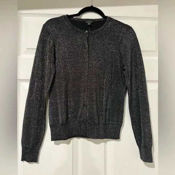Ann Taylor Long Sleeve Button Up Cardigan Sweater Medium Black Metallic Sparkle - Picture 2 of 6